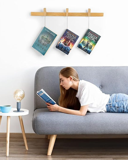 Floating Wall Bookshelf - Wall Mounted Book Organizer with Included Bookmarks - Hardwood Hanging Bookshelf for Bedroom, Living Room, or Kitchen - A Thoughtful Gift for Book Lovers (Natural) - LeafyLoom