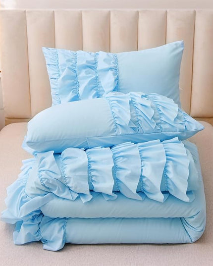 A Nice Night Waterfall Flutter Ruffle 3PCS Comforter Set,Chic Ruffled Textured Princess Bedding Set,Blue,Twin - LeafyLoom