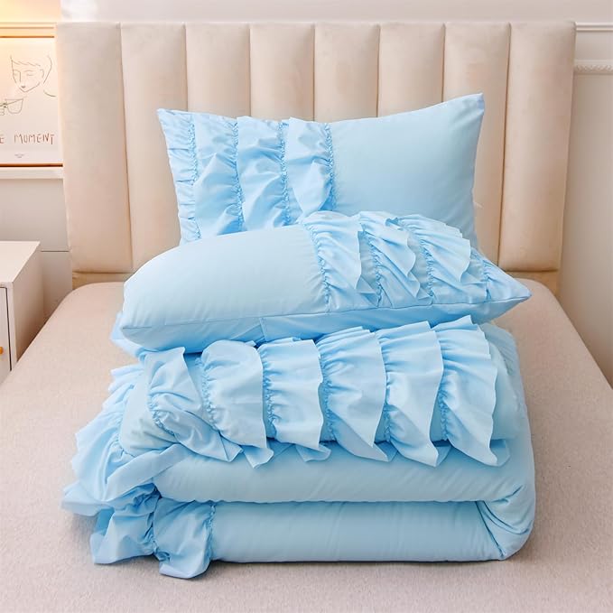 A Nice Night Waterfall Flutter Ruffle 3PCS Comforter Set,Chic Ruffled Textured Princess Bedding Set,Blue,Twin - LeafyLoom