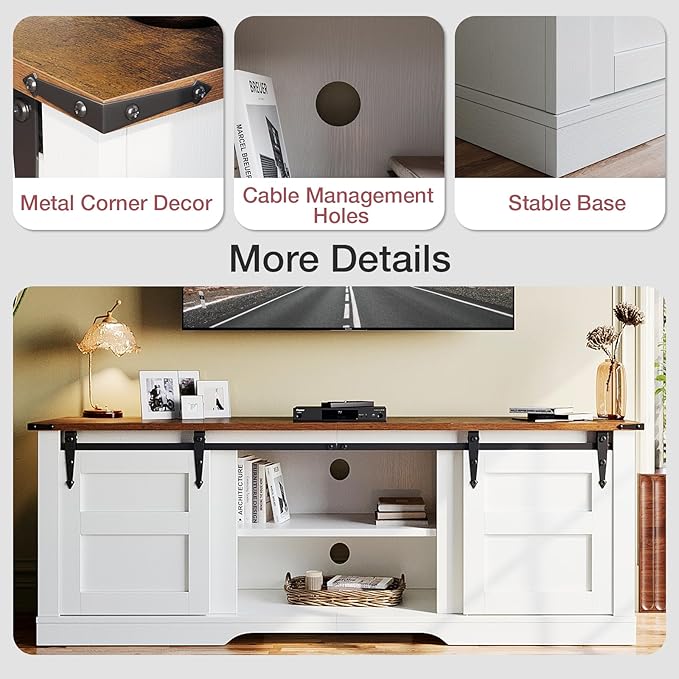 oneinmil TV Stand for 65” TV, Entertainment Center with Storage Cabinets and Sliding Barn Doors, Rustic Media TV Console Table for Living Room, Bedroom, White - LeafyLoom