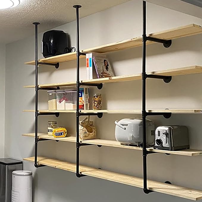 HITOMEN Industrial Iron Pipe Shelves, 3 Set 5-Tier, 70" Tall, 12" Depth, DIY Open Bookshelf Bookcase, Wall Mounted Vintage Retro Shelving, Rustic Farmhouse Pantry Kitchen Storage, Black Shelf Brackets - LeafyLoom