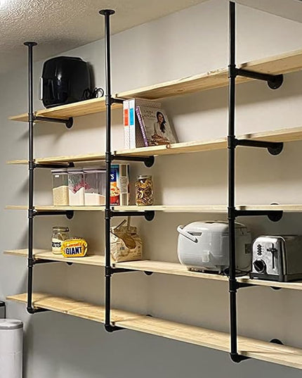 HITOMEN Industrial Iron Pipe Shelves, 2 Set 5-Tier, 70" Tall, 12" Depth, DIY Open Bookshelf Bookcase, Wall Mounted Vintage Retro Shelving, Rustic Farmhouse Pantry Kitchen Storage, Black Shelf Brackets - LeafyLoom