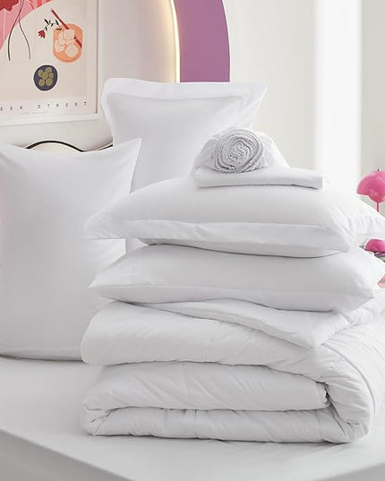 Bedsure White Queen Comforter Set - 7 Pieces Solid Queen Bed in a Bag, Queen Bed Set White with Comforters, Sheets, Pillowcases & Shams - LeafyLoom