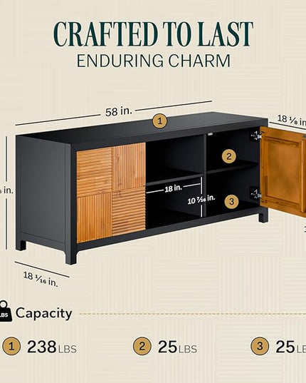 Bme Solid Wood Fluted Fully Assembled Media Console, Craft to Last Center with Soft Close Door & Adjustable Storage Space, Spacious & Unique Entertainment, Madia 60 Inch TV Stand, Black & Teak Brown - LeafyLoom