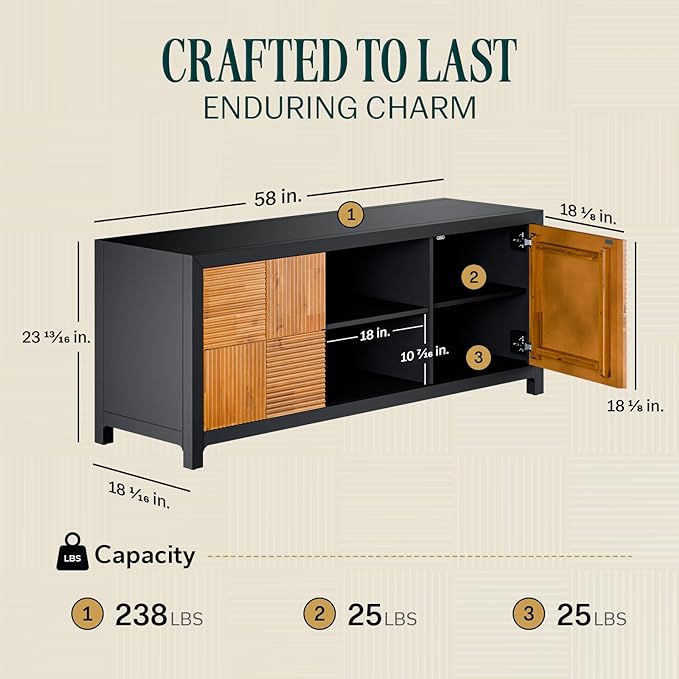 Bme Solid Wood Fluted Fully Assembled Media Console, Craft to Last Center with Soft Close Door & Adjustable Storage Space, Spacious & Unique Entertainment, Madia 60 Inch TV Stand, Black & Teak Brown - LeafyLoom
