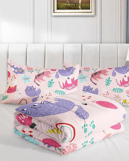 Kawaii Cats Comforter Twin Size,Pink Cats Kids Comforter Set,3Pcs Bedding Set Printed Comforter with 2 Pillowcases,Down Alternative,Soft and Lightweight,for All Seasons - LeafyLoom