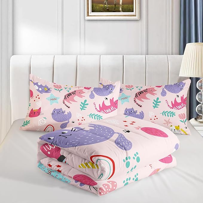 Kawaii Cats Comforter Full Size,Pink Cats Kids Comforter Set,3Pcs Bedding Set Printed Comforter with 2 Pillowcases,Down Alternative,Soft and Lightweight,for All Seasons - LeafyLoom