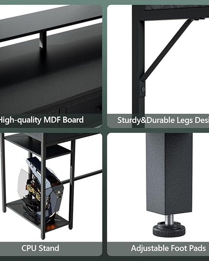 Computer Desk with Drawers and Storage Shelves, Home Office Desk with LED Lights & Power Outlets, Gaming Desk with Monitor Stand, Writing Study Desk, Kids Small Desk for Bedroom, Black - LeafyLoom