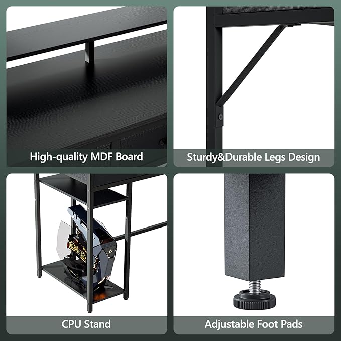 Computer Desk with Drawers and Storage Shelves, Home Office Desk with LED Lights & Power Outlets, Gaming Desk with Monitor Stand, Writing Study Desk, Kids Small Desk for Bedroom, Black - LeafyLoom
