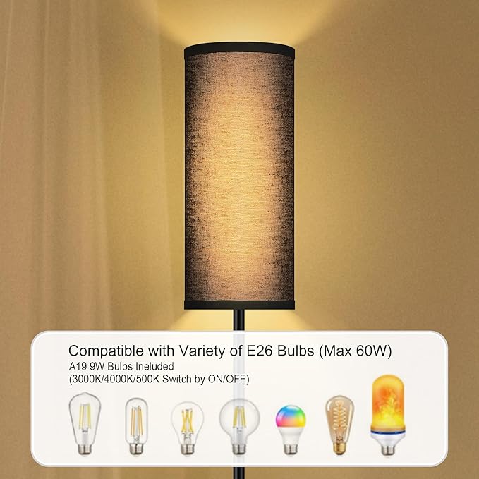 BoostArea Floor Lamps for Living Room, Dimmable floor lamp with 3 Color Temperatures Bulb, Black LED Floor Lamp, Modern Standing Lamp for Bedroom/Office/Study/Farmhouse(9W LED Bulb, Black Linen Shade) - LeafyLoom