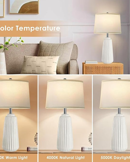 Ceramic Table Lamps Set of 2, 25Inch Modern White Table Lamps for Bedroom Living Room with 3 Color Temperature - 3000K/4000K/6000K, Coastal Lamps for Nightstand Bedside with 2 LED Bulbs, 9W - LeafyLoom