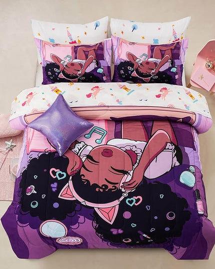 A Nice Night Purple Comforter Sets,Black Girl Listening Music Printed, 6Pcs Bed in A Bag Full Size All Seasons Bedding Set,for Kids, Girls - LeafyLoom