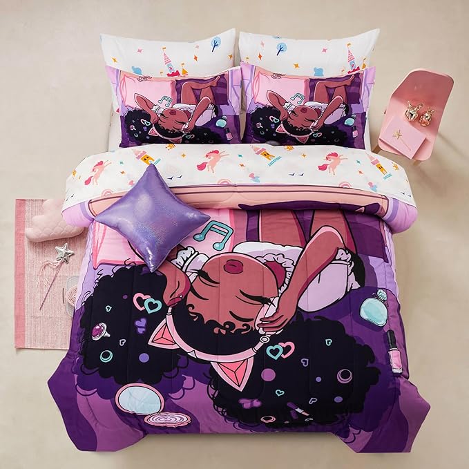 A Nice Night Purple Comforter Sets,Black Girl Listening Music Printed, 6Pcs Bed in A Bag Full Size All Seasons Bedding Set,for Kids, Girls - LeafyLoom