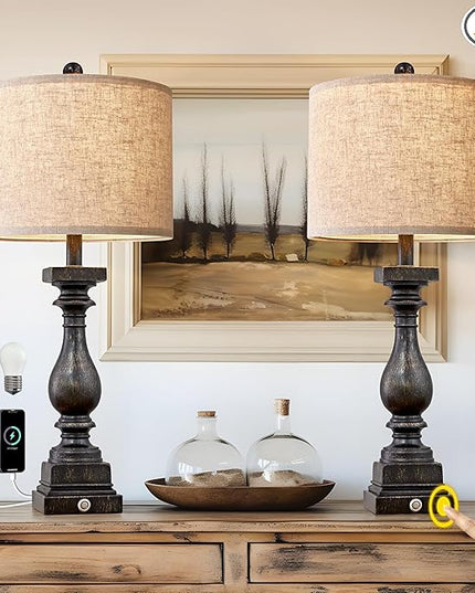 BOBOMOMO Retro 27" USB Charging Ports A/C 3 Way Dimmable Touch Control Black Farmhouse Lamps for Bedrooms Retro Side Table Lamps Set of 2 Bedside Lamp for Side Nightstand Living Room(Bulb Included) - LeafyLoom