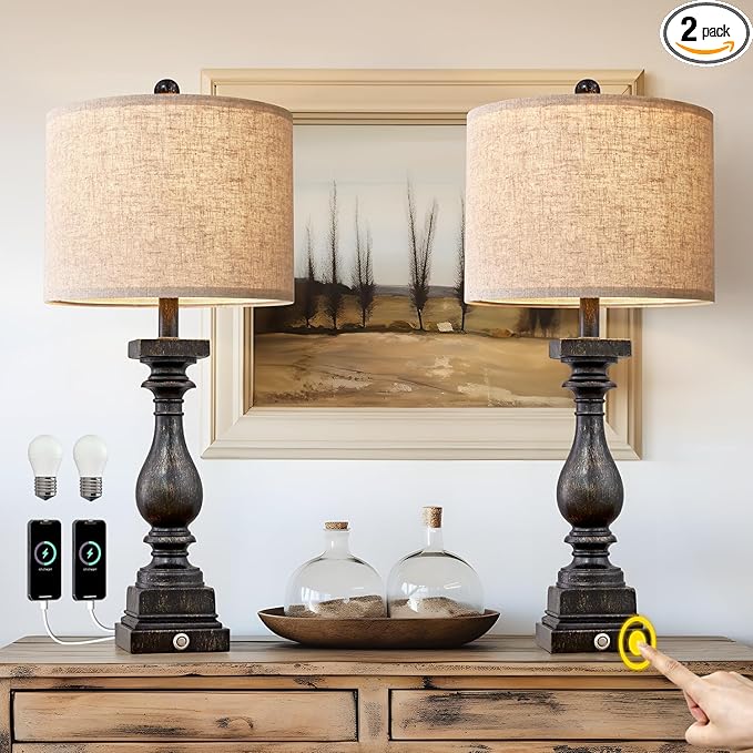 BOBOMOMO Retro 27" USB Charging Ports A/C 3 Way Dimmable Touch Control Black Farmhouse Lamps for Bedrooms Retro Side Table Lamps Set of 2 Bedside Lamp for Side Nightstand Living Room(Bulb Included) - LeafyLoom