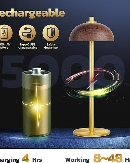 Rechargeable Cordless Table Lamp - 5000mAh Battery Powered Lamp, 3 Color Modes Stepless Dimming LED Table Light with Memory Function for Indoor, Outdoor, Dinner, Patio, Cafe.(Wood Grain) - LeafyLoom