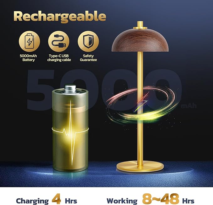 Rechargeable Cordless Table Lamp - 5000mAh Battery Powered Lamp, 3 Color Modes Stepless Dimming LED Table Light with Memory Function for Indoor, Outdoor, Dinner, Patio, Cafe.(Wood Grain) - LeafyLoom