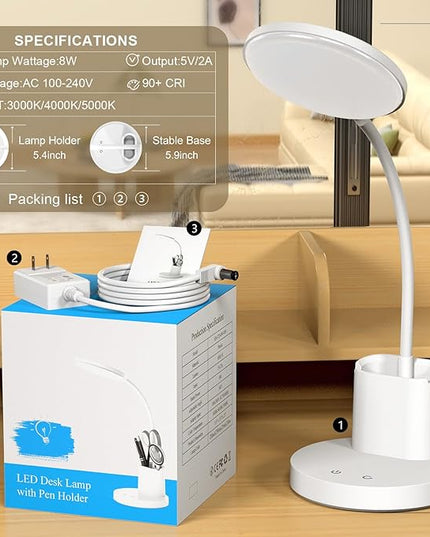 comzler Small Desk Lamp for Kids, LED Desk Lamps with Pen Phone Holder, White Desk Light for Home Office,8W 3 Modes Dimmable LED Desk Light for Kids, Desktop Study Lamps for Bedrooms - LeafyLoom