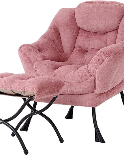 Welnow Lazy Chair with Ottoman, Modern Lounge Accent Chair with Armrests and a Side Pocket, Leisure Sofa Chair Set, Reading Chair with Footrest for Small Space, Corner Chair, Plush Dark Pink - LeafyLoom