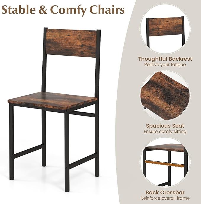 Moccha Dining Table Set for 4, Wooden Kitchen Table with with 2 Chairs and a Long Bench, Modern 4-Piece Dinette with Metal Frame & Storage Rack, Space-Saving Table Set for Dining Room, Rustic Brown - LeafyLoom