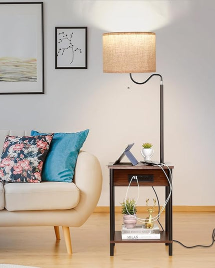 FIMEI Floor Lamp with Table, End Table with Charging Station USB Ports & Outlets, Bedside Table 3 Color Temperature Reading Light, Nightstand with Shelves for Living Room Bedroom Apartment, Red Brown - LeafyLoom