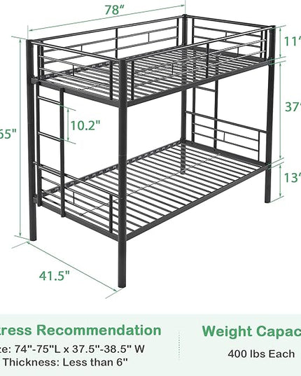 VECELO Metal Bunk Bed Twin Over Twin, Industrial Bunkbeds with Ladder and Full-Length Guardrail, Noise Free, No Boxing Spring Needed, Black - LeafyLoom