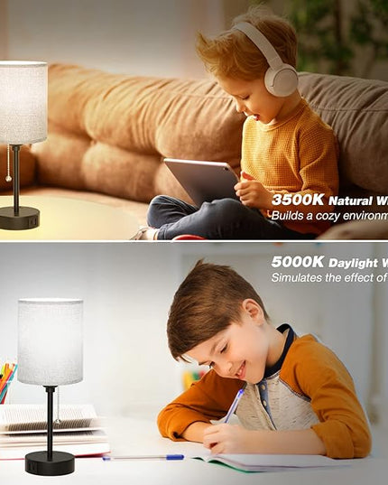 Grey Nightstand Lamps 3 Color Temperatures - 2700K 3500K 5000K Bedside Lamps with USB C and A Ports, Pull Chain Table Lamps with AC Outlet, Small Lamps with Black Metal Base for Sleeping Reading - LeafyLoom