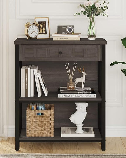 FATORRI Rustic Bookshelf with Drawer, Industrial Wood and Metal Bookcase, Small Book Shelf and Low Book case for Small Space (Walnut Brown) - LeafyLoom