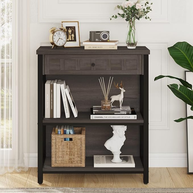FATORRI Rustic Bookshelf with Drawer, Industrial Wood and Metal Bookcase, Small Book Shelf and Low Book case for Small Space (Walnut Brown) - LeafyLoom