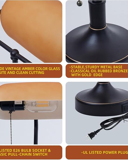Vintage Bankers Desk Lamp with Pull Chain Switch, Traditional Desk Lamp with USB A and Type C Charging Port, Oil Rubbed Bronze Table Lamp with Amber Glass Shade for Office, Library, Study Room - LeafyLoom