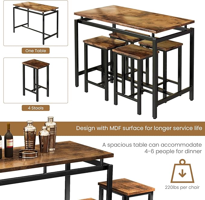 DKLGG Dinner Table Set for 4, Modern Kitchen Table and Chairs for 4 Wooden Top and Adjustable Metal Legs, Small Dining Room Table Set 5 Pieces Compact Design for Small Space - LeafyLoom