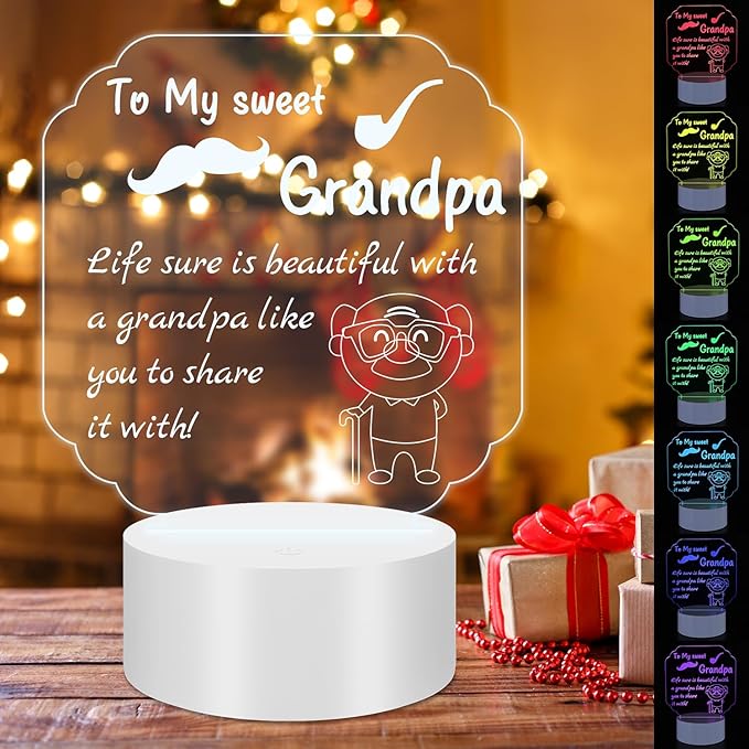 Night Lamp Gifts for Grandpa: Engraved Acrylic LED Rechargeable Night Lamp with 3 Level of Dimming and 10 Color Modes-Grandfather's Birthday Christmas Father's Day Gifts from Grandchildren - LeafyLoom