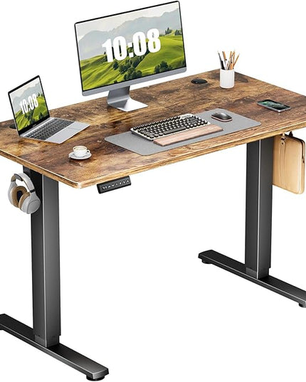 Sweetcrispy Electric Standing Desk - 40 x 24 inch Adjustable Height Sit to Stand Up Desk with Splice Board, Rising Home Office Computer Table with 2 Hook and Wire Hole for Work - LeafyLoom