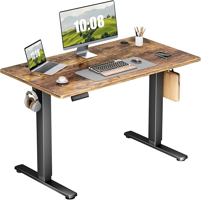 Sweetcrispy Electric Standing Desk - 40 x 24 inch Adjustable Height Sit to Stand Up Desk with Splice Board, Rising Home Office Computer Table with 2 Hook and Wire Hole for Work - LeafyLoom
