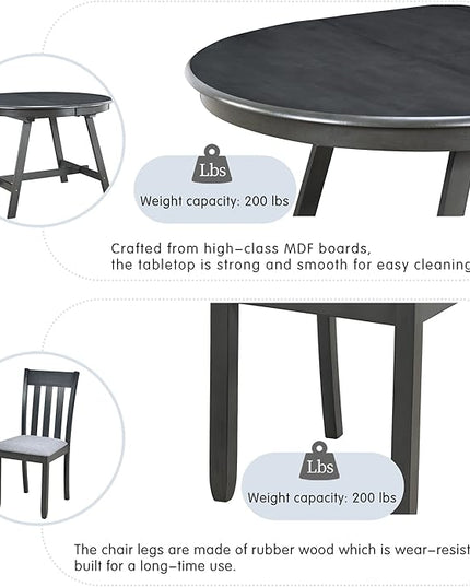 NicBex Small Dining Table Set for 4 Kitchen Table and Chairs 5-Piece Wood Dining Table Set Round Extendable Dining Table with 4 Dining Chairs for Dining Room, Gray - LeafyLoom