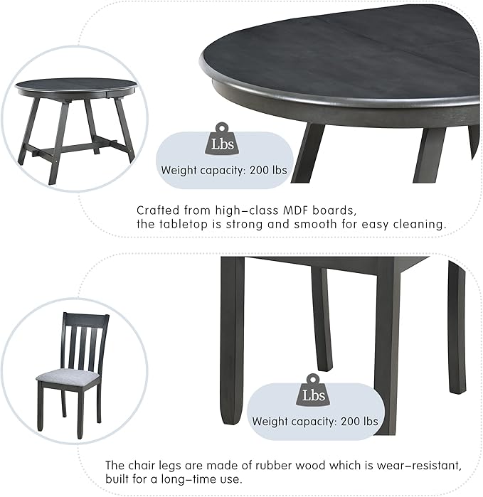 NicBex Small Dining Table Set for 4 Kitchen Table and Chairs 5-Piece Wood Dining Table Set Round Extendable Dining Table with 4 Dining Chairs for Dining Room, Gray - LeafyLoom