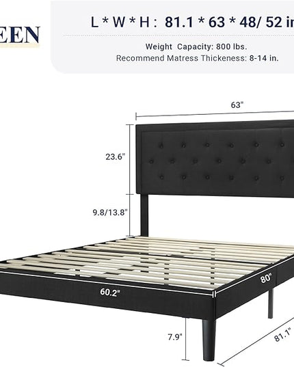 Allewie Queen Size Bed Frame Upholstered Platform Bed with Adjustable Headboard, Button Tufted, Wood Slat Support, Easy Assembly, Black - LeafyLoom
