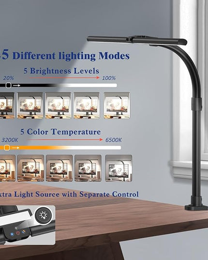 Desk Lamp for Home Office, 24W LED Desk Lamp with Clamp - 25 Lighting Modes Dimming Workbench Light with Flexible Gooseneck, Eye Protection Modern Desk Lamp for Reading Study Monitor Drafting - LeafyLoom