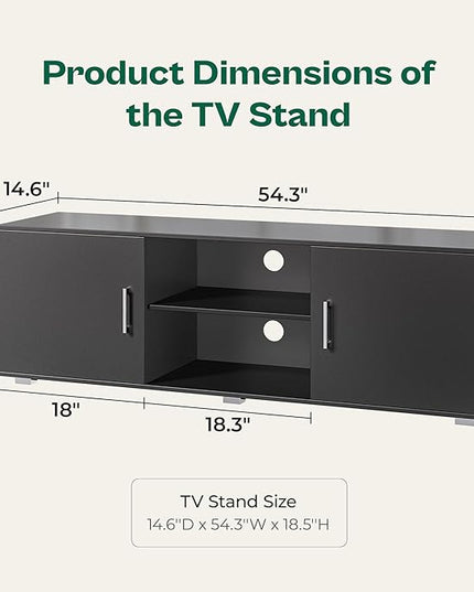 TV Stand for 55 Inch TV, Entertainment Center with Storage, 2 Cabinets, TV Console Media Cabinet with 6 Cable Holes, Black TV Stand for Living Room, Bedroom - LeafyLoom