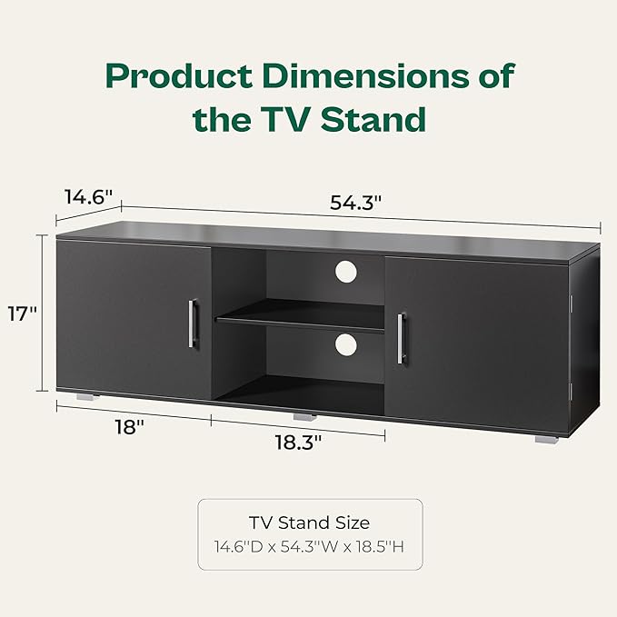 TV Stand for 55 Inch TV, Entertainment Center with Storage, 2 Cabinets, TV Console Media Cabinet with 6 Cable Holes, Black TV Stand for Living Room, Bedroom - LeafyLoom