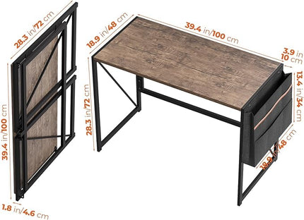 Folding Desk, Small Foldable Desk 39.4 Inch for Small Space, Computer Table Home Office Writing Desk with Storage Bag Headphone Hook, Easy Assembly, Brown - LeafyLoom