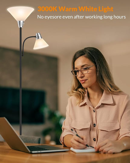 LEPOWER Floor Lamp, Standing Lamp with Replaceable 3000K Energy-Saving LED Bulbs,9W Lamp for Living Room with 5W Adjustable Reading Light, Modern Bright Floor Lamp for Bedroom, Living Room, Office - LeafyLoom