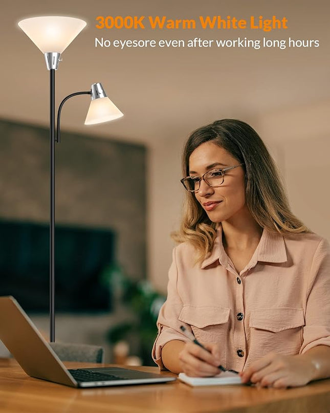 LEPOWER Floor Lamp, Standing Lamp with Replaceable 3000K Energy-Saving LED Bulbs,9W Lamp for Living Room with 5W Adjustable Reading Light, Modern Bright Floor Lamp for Bedroom, Living Room, Office - LeafyLoom
