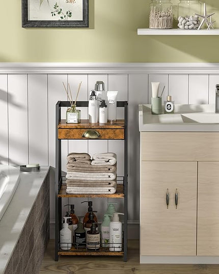 keomaisyto 3-Tier Bathroom Ladder Shelf, Bathroom Floor Storage Shelf with Drawer, Freestanding Tower Shelf, Open Shelving Unit for Bathroom Living Room Balcony - LeafyLoom