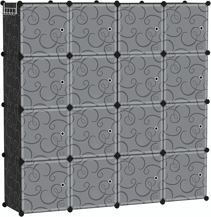 C&AHOME Cube Storage Organizer, 16-Cube Storage Shelving with Doors, Modular Book Shelf, Plastic Shelves Organizing Units, Ideal for Bedroom Living Room 48.4" L × 12.4" W × 48.4" H Black SHS3016B-DOOR - LeafyLoom