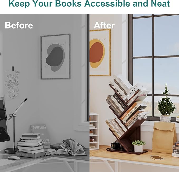 Tree Bookshelf, 5 -Tier Book Storage Organizer Shelves Floor Standing Bookcase, Wood Storage Rack for Office Home School Shelf Display for Cd/Magazine (Dark Walnut) - LeafyLoom