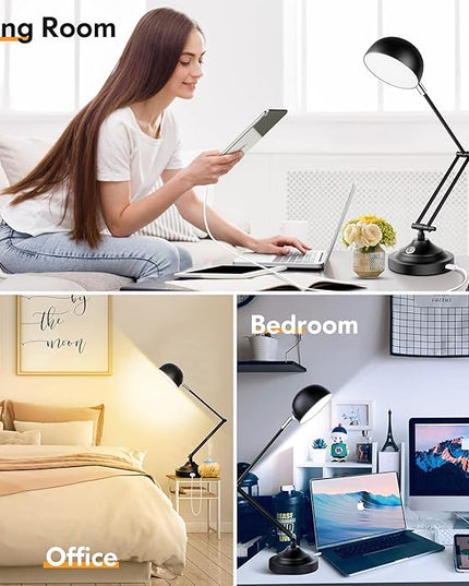 Touch Control LED Desk Lamp with USB Charging Port, Architect Black Metal Lamp with Adjustable Swing Arm, Dimmable Modern Table Lamp for Home Office Reading Study, 3000K/4000K/5000K 3 Color Modes - LeafyLoom