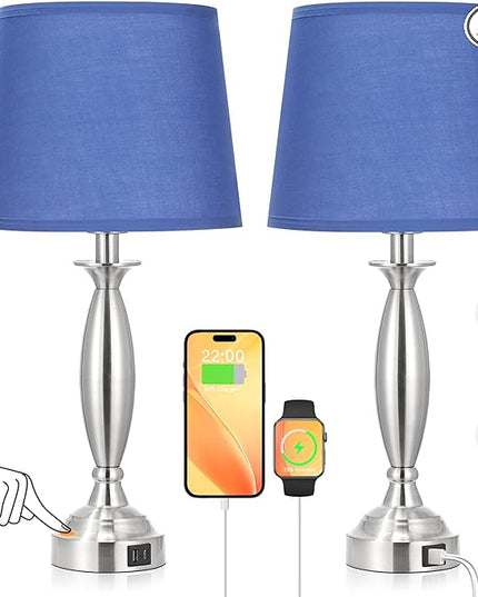 Blue Lamps for Bedrooms Set of 2 - Touch Control Bedside Lamp with USB C+A, 3 Way Dimmable Nightstand Lamps with USB Port, Table Lamp for Living Room(Blue Shade and Nickel Base) - LeafyLoom