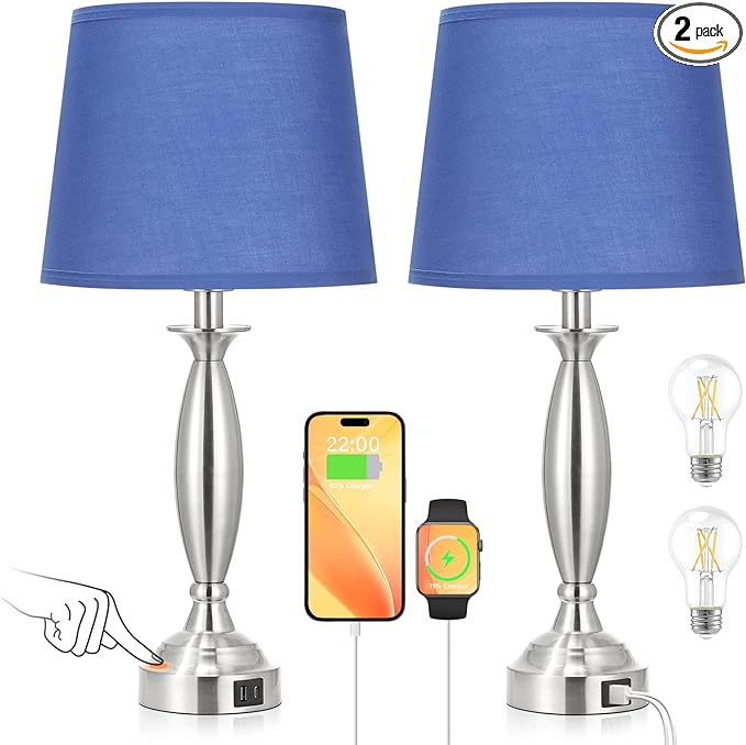 Blue Lamps for Bedrooms Set of 2 - Touch Control Bedside Lamp with USB C+A, 3 Way Dimmable Nightstand Lamps with USB Port, Table Lamp for Living Room(Blue Shade and Nickel Base) - LeafyLoom