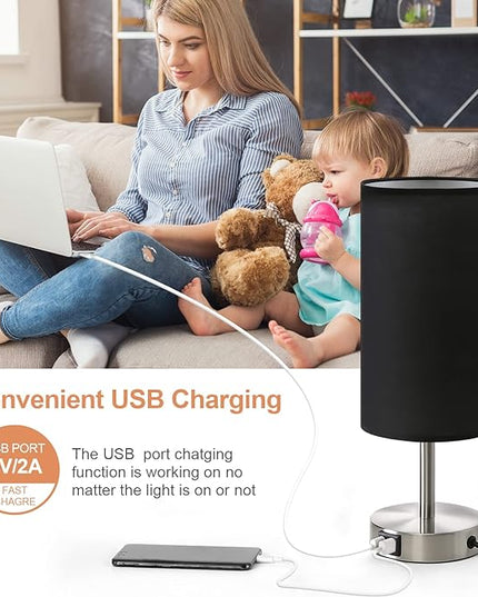 Bedside Lamp with USB Port - Touch Control Table Lamp for Bedroom Wood 3 Way Dimmable Nightstand Lamp with Round Black Shade for Living Room, Dorm, Home Office (LED Bulb Included) (Blacl2) - LeafyLoom